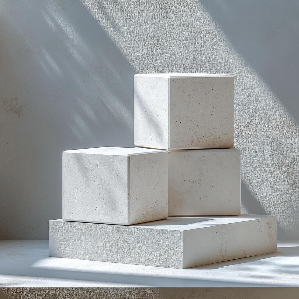 Empty podium and product pedestal in minimalistic design showcasing stone cubic podiums for display, ideal for cosmetics and other products in bright light photo