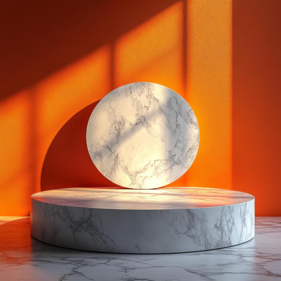 Empty podium mockup showcasing product pedestal with clean design and ample copy space against vibrant orange background ideal for promotional displays photo