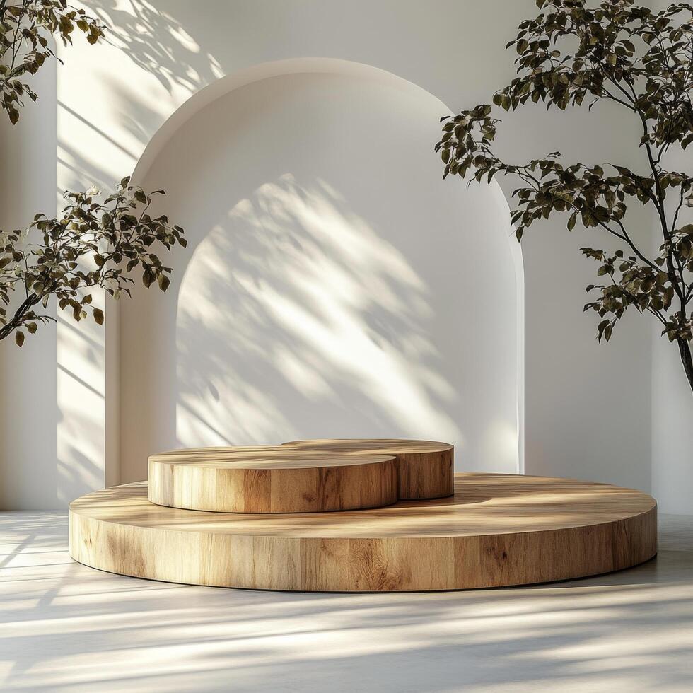Empty podium and product pedestal in minimalist setting with natural light highlighting its features, perfect for showcasing cosmetics and other products photo