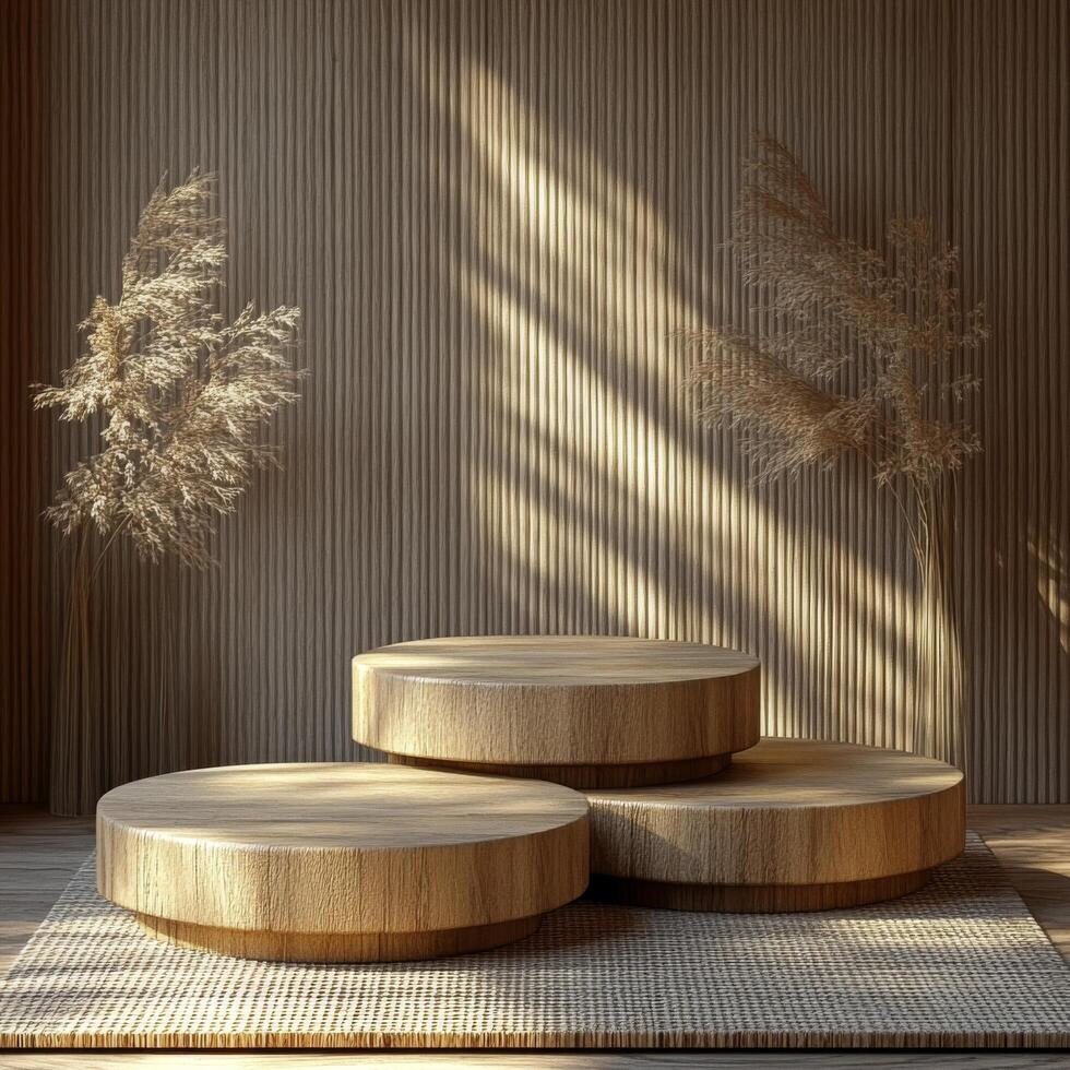 Empty podium product pedestal display for cosmetics, showcasing minimalistic design, inviting attention, enhancing aesthetic appeal in modern retail settings photo