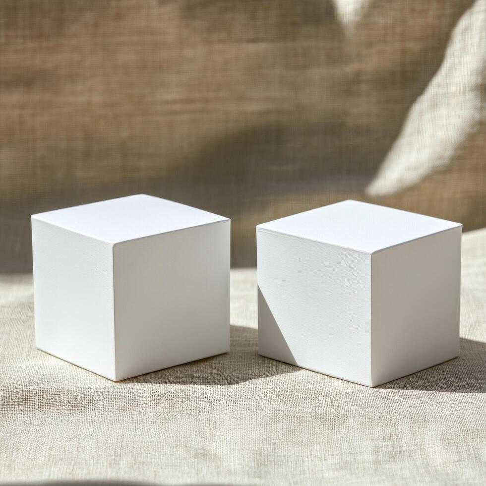 Empty podium and product pedestal mockup featuring two cubic podiums designed for displaying cosmetics products, offering clean and versatile copy space for branding purposes photo