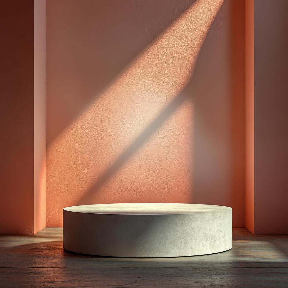 Empty podium design featuring minimalist product pedestal showcasing potential for display elements such as cosmetics in a well lit interior space with soft shadows photo