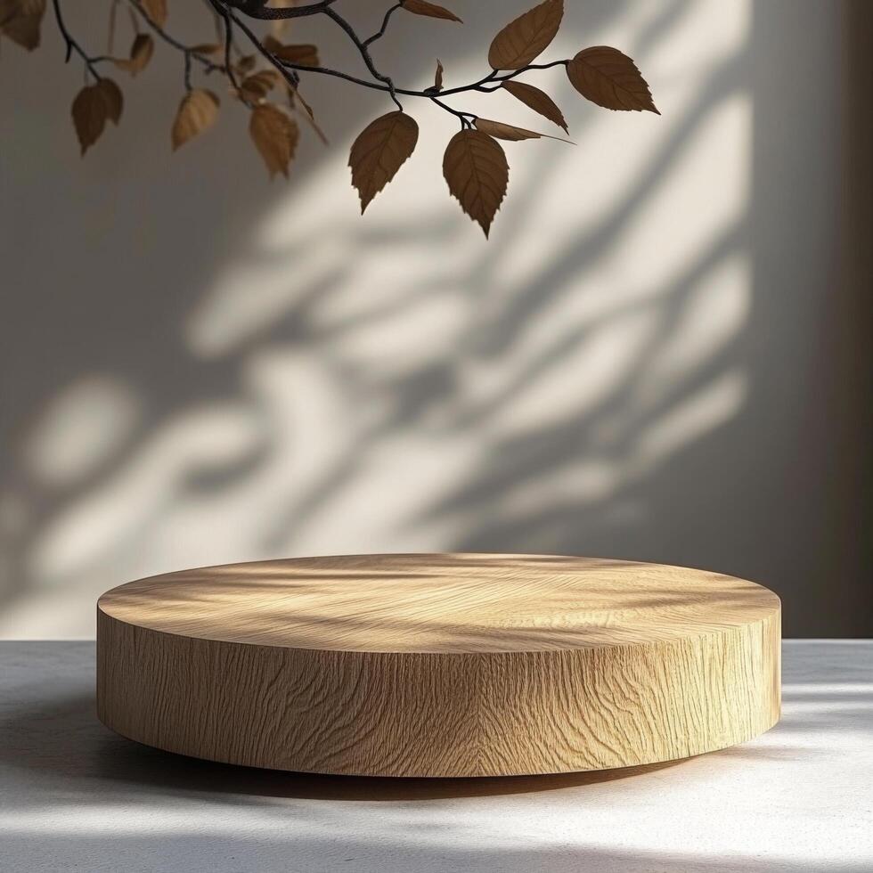 Empty podium for product display featuring natural textures, ideal for showcasing cosmetics or other items, with minimalist design enhancing focus and aesthetic appeal photo