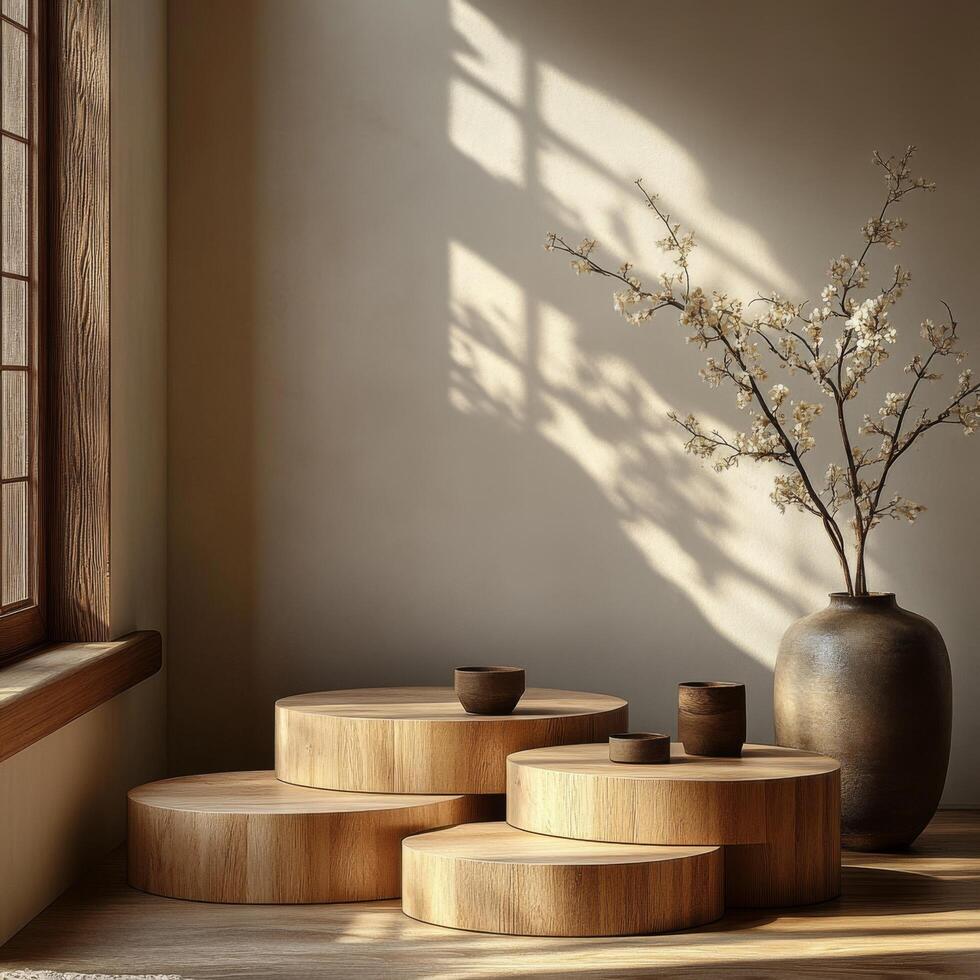 Empty podium display for product showcase featuring natural wooden pedestals in minimalist setting with soft sunlight illuminating surfaces and creating inviting atmosphere photo