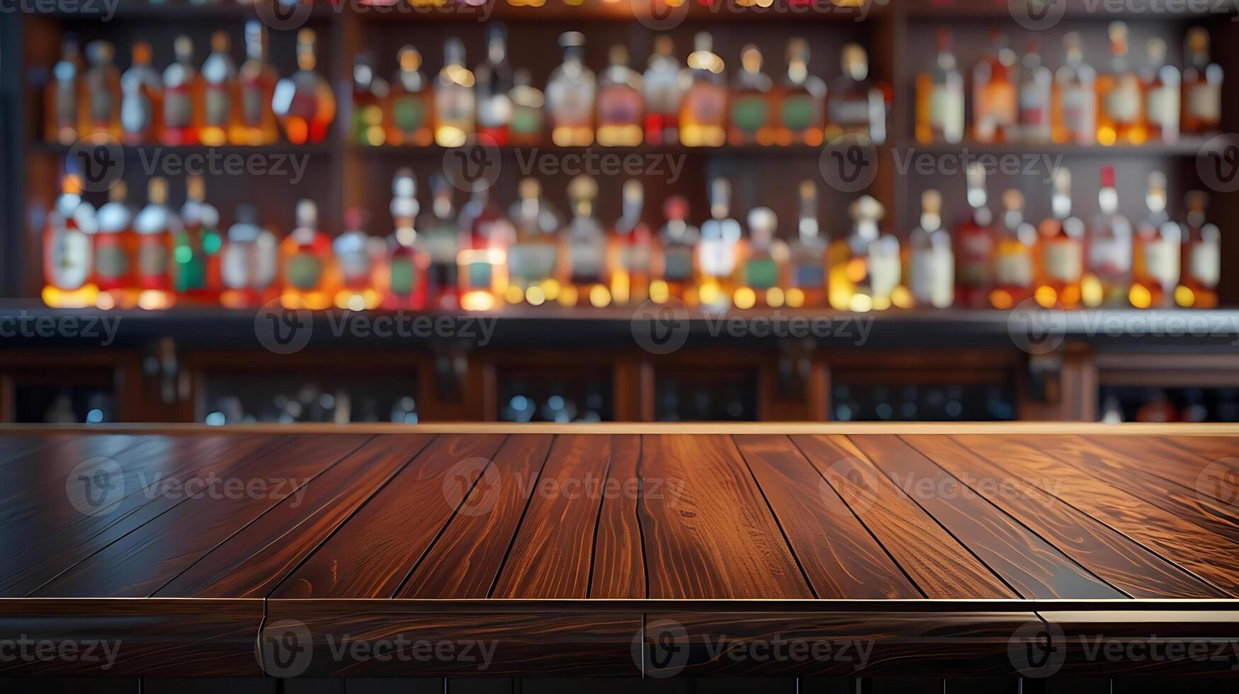 A bar with a wooden table and a shelf full of liquor bottles photo