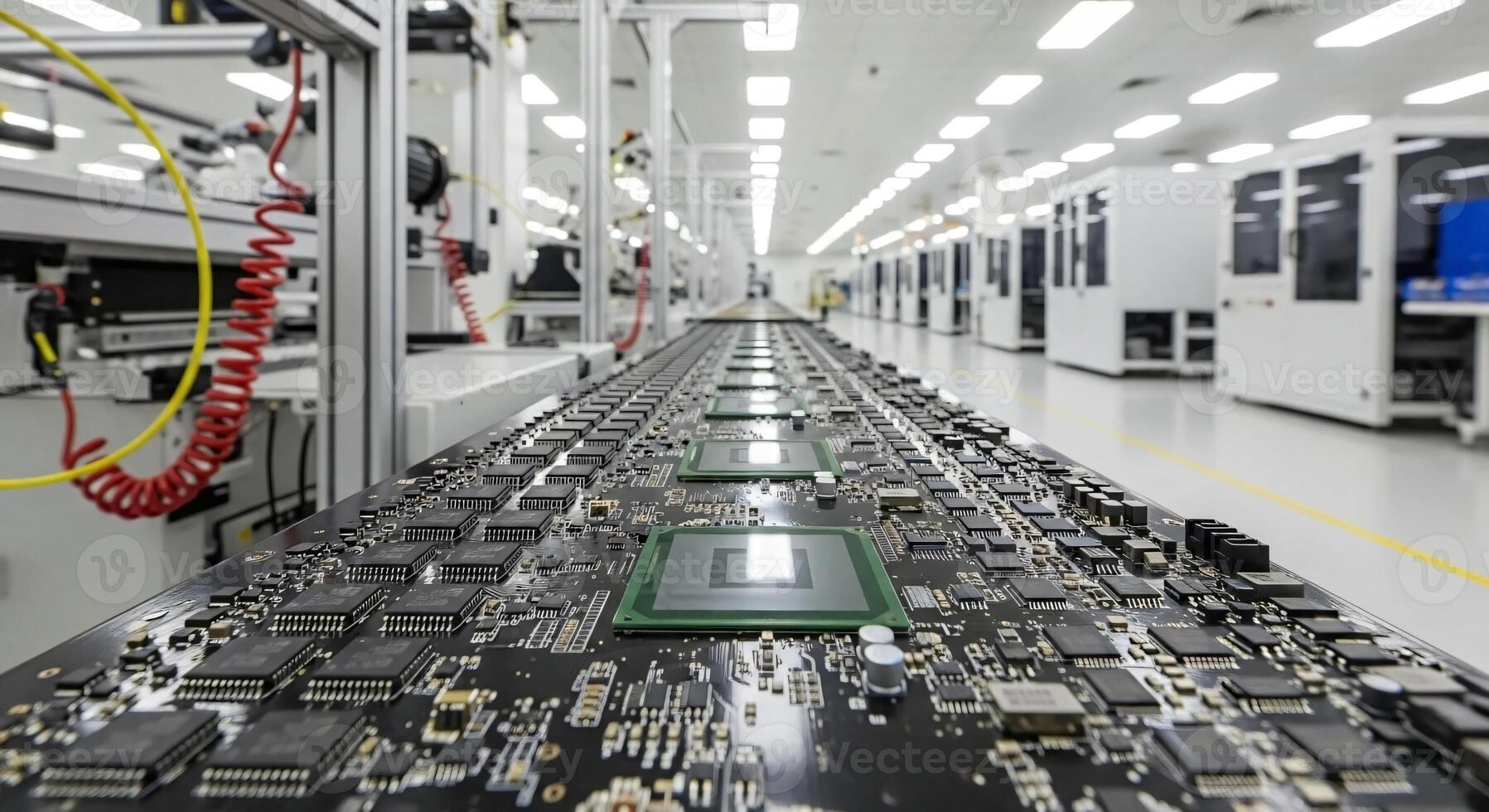 A computer motherboard is shown in a factory photo