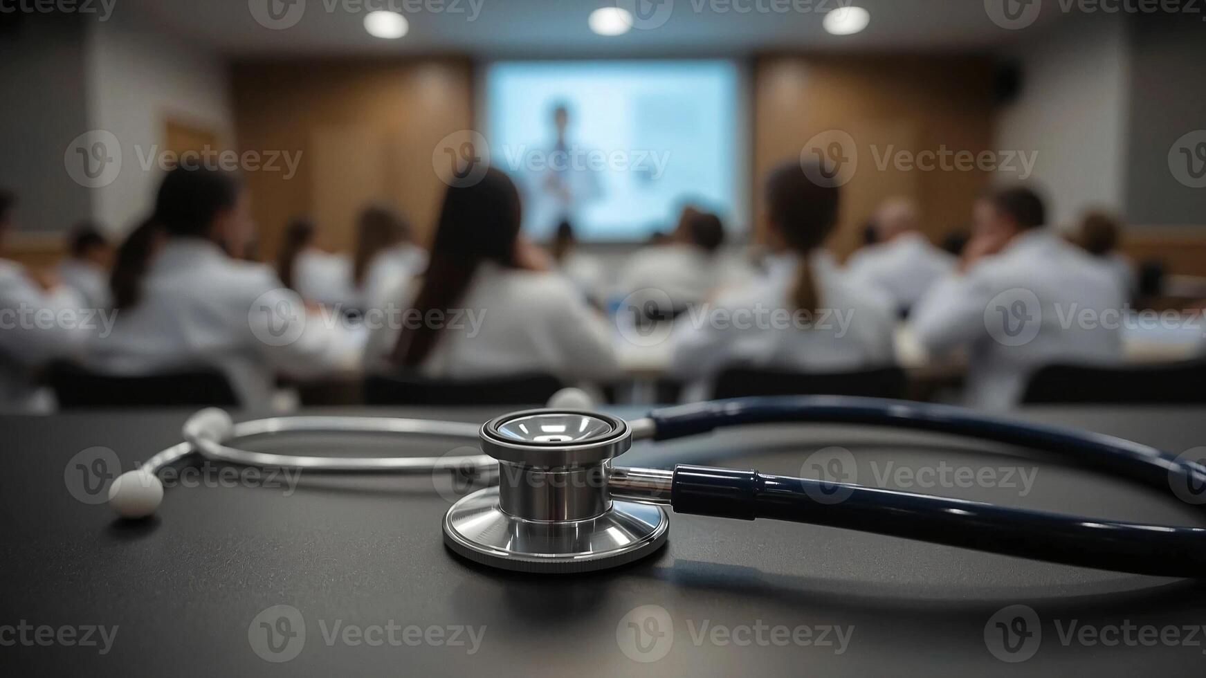 A stethoscope sits on a table in front of a group of doctors photo