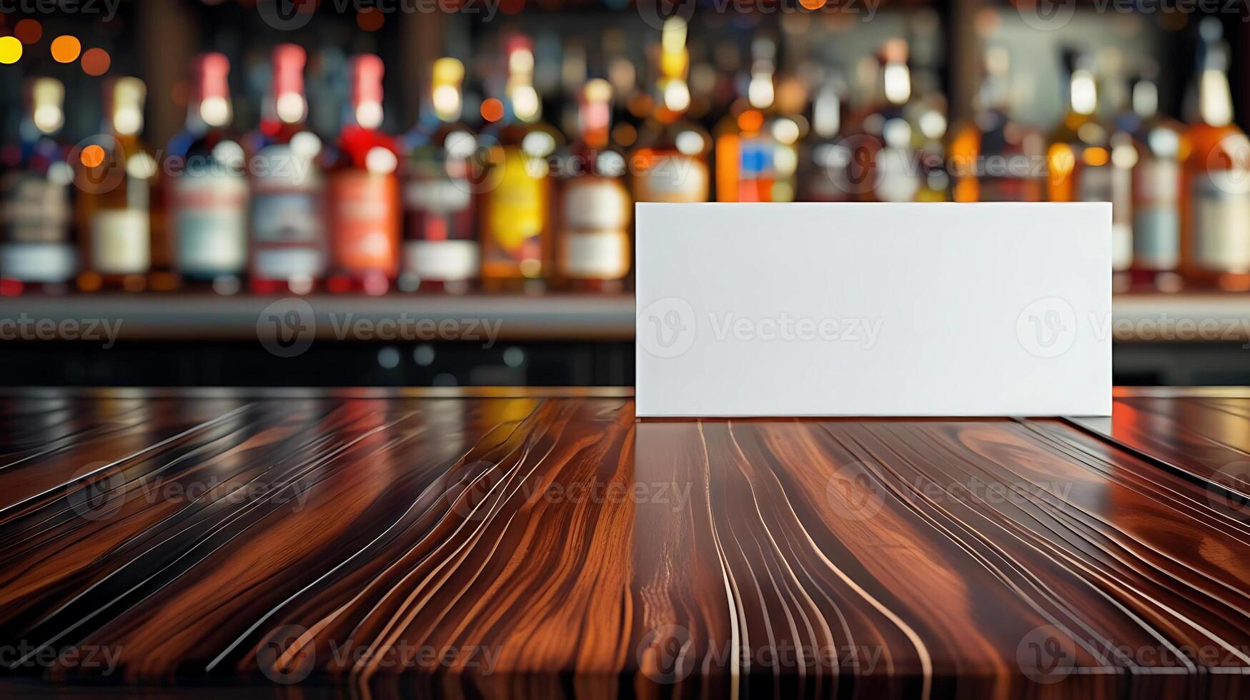A blank card on a wooden table in front of a bar photo