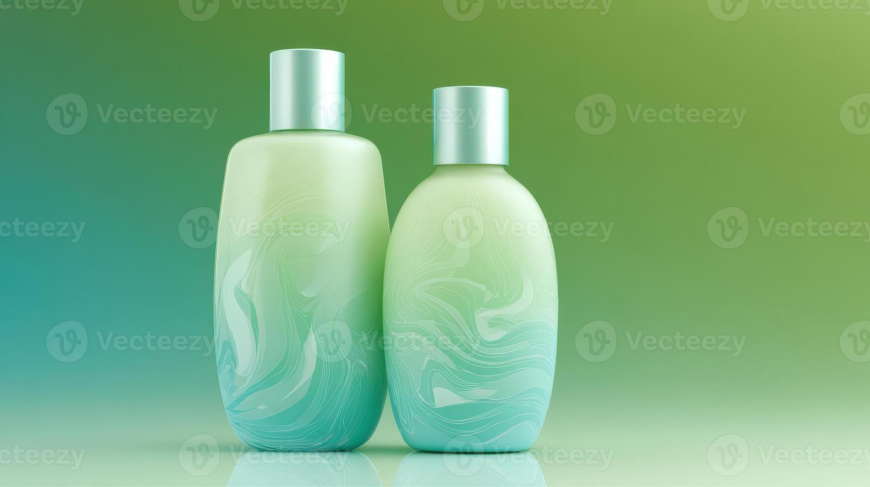 Matching body wash and lotion in frosted bottles on a gradient green background for a fresh look and feel photo