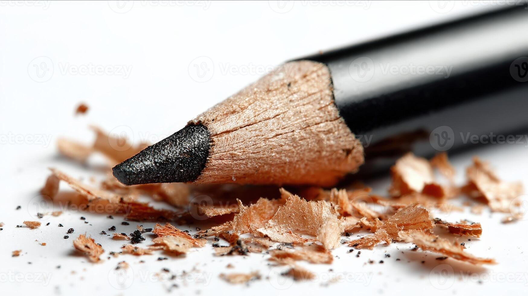 Freshly sharpened black eyeliner pencil with shavings on a plain surface ready for makeup application photo