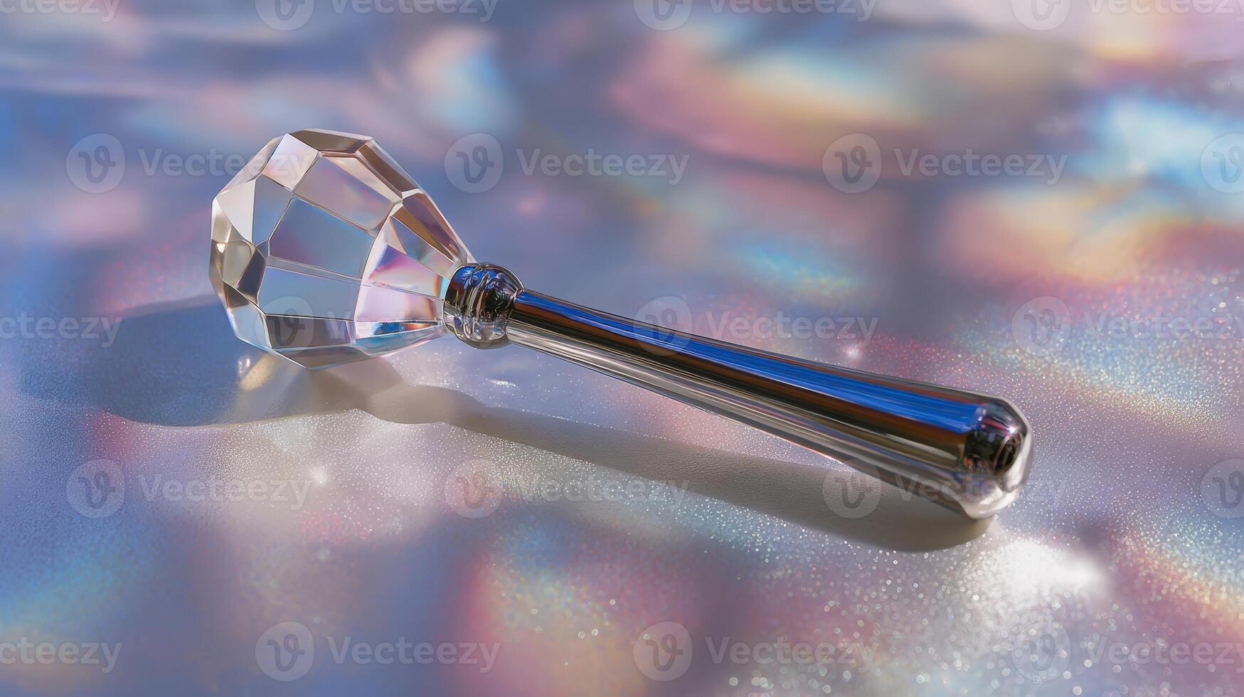 Crystal shaped facial massager reflects light on a smooth surface, showcasing its elegant design and shine during bright daylight photo