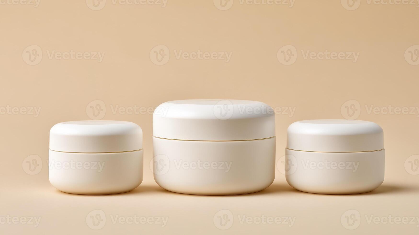 Different sizes of white moisturizer jars arranged on a soft neutral background reflecting elegance and simplicity photo