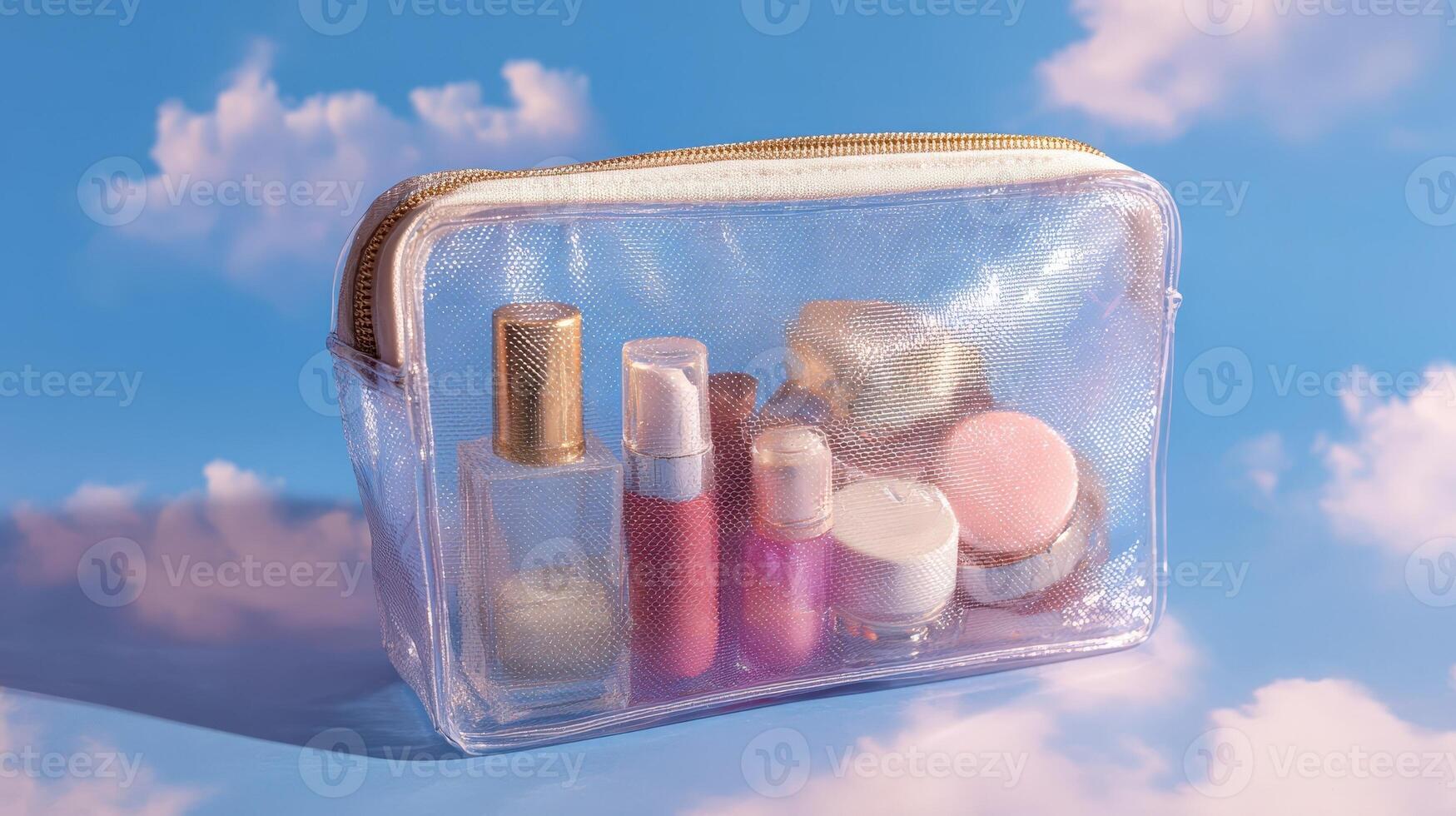 Travel cosmetics bag with various beauty products organized for vacation or business trips photo