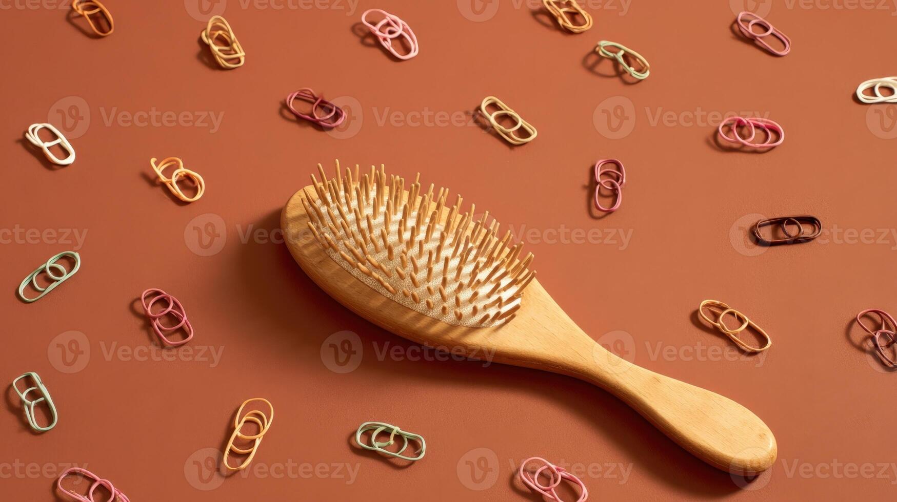 Wooden bristle hairbrush on a warm orange surface surrounded by assorted hair ties and accessories scattered around photo