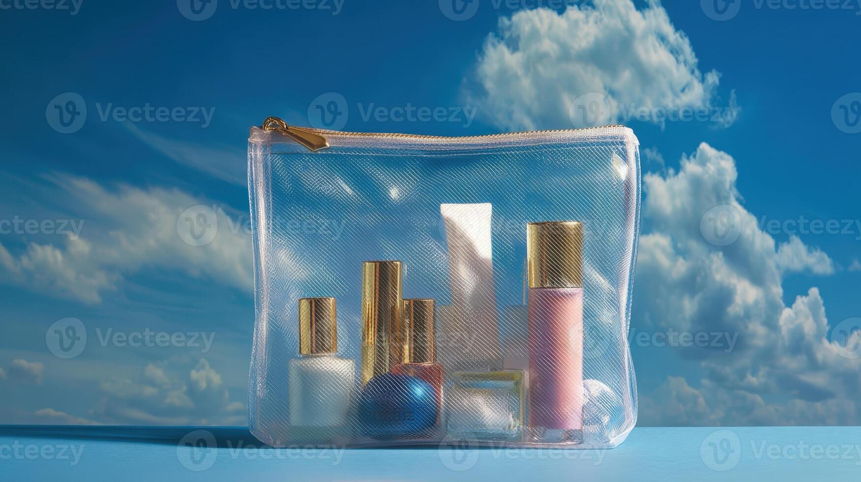 Clear travel cosmetics bag filled with essential beauty products against a bright sky background photo
