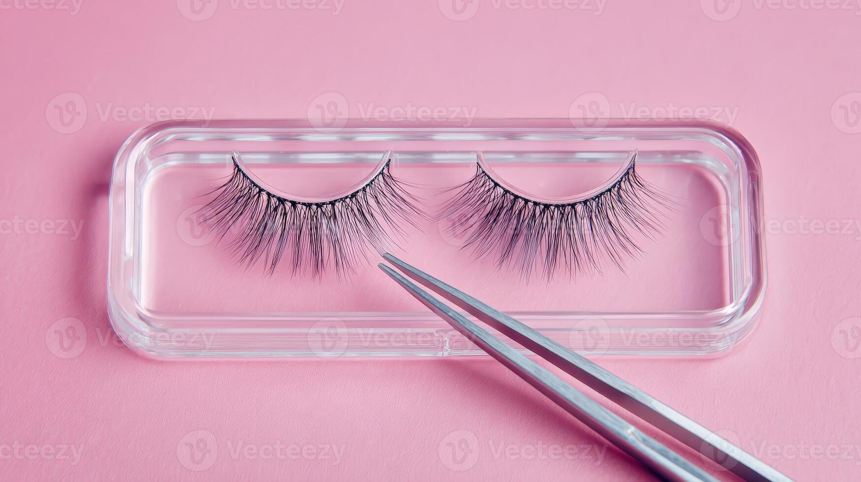 Eyelashes arranged in clear tray with tweezers positioned on vibrant pink background photo
