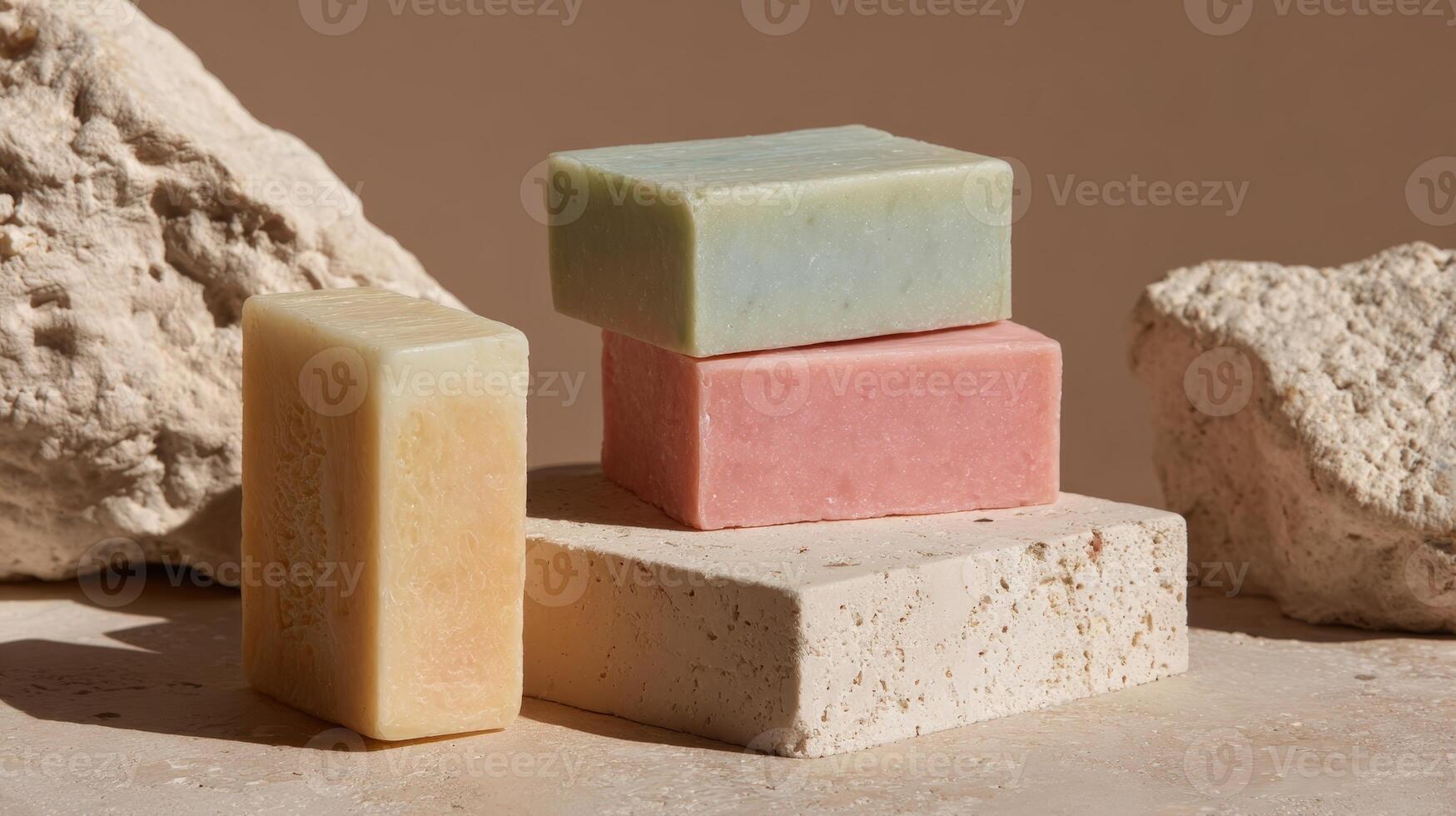 Organic soap bars in soothing pastel colors arranged on a natural stone surface with a minimalist aesthetic setting photo