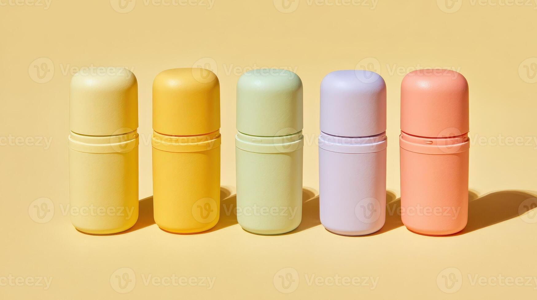 Skincare set in matching pastel containers showcasing vibrant colors on a bright background photo