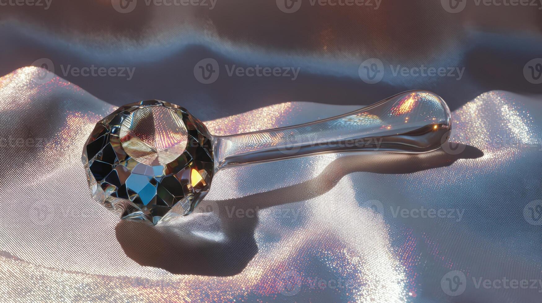 Crystal shaped facial massager displays vibrant reflections on soft fabric surface during natural light setting photo