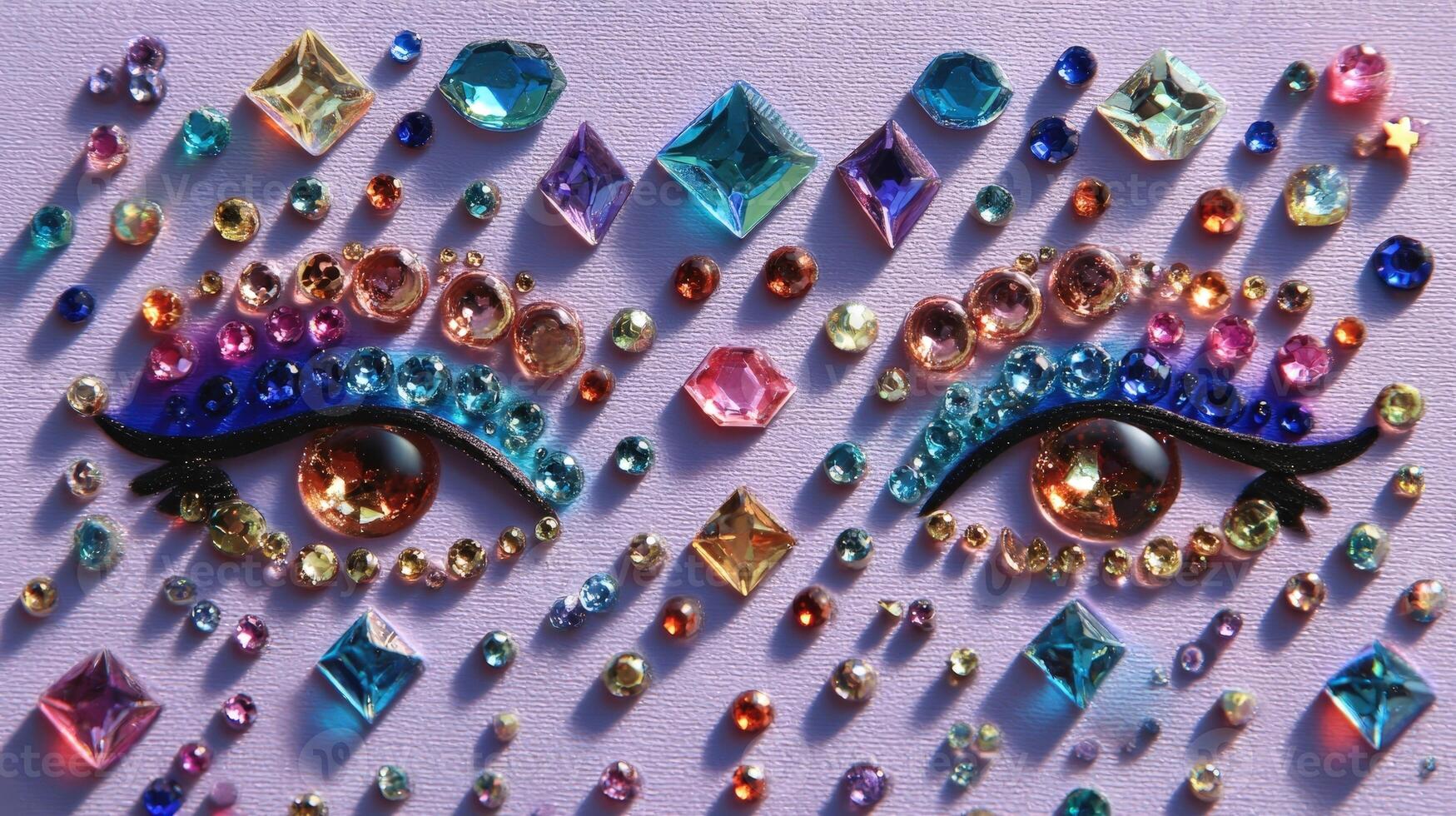 Creative arrangement of colorful face gems in a geometric pattern enhancing facial art during a festive event photo