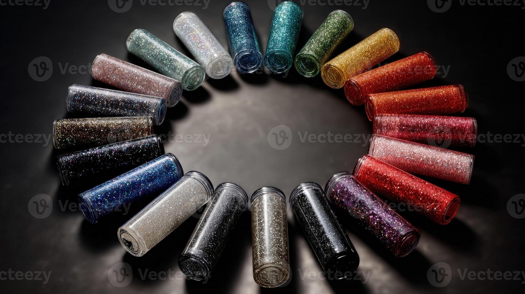 Colorful gel tubes arranged in a circular pattern on a dark surface captured in a creative display photo