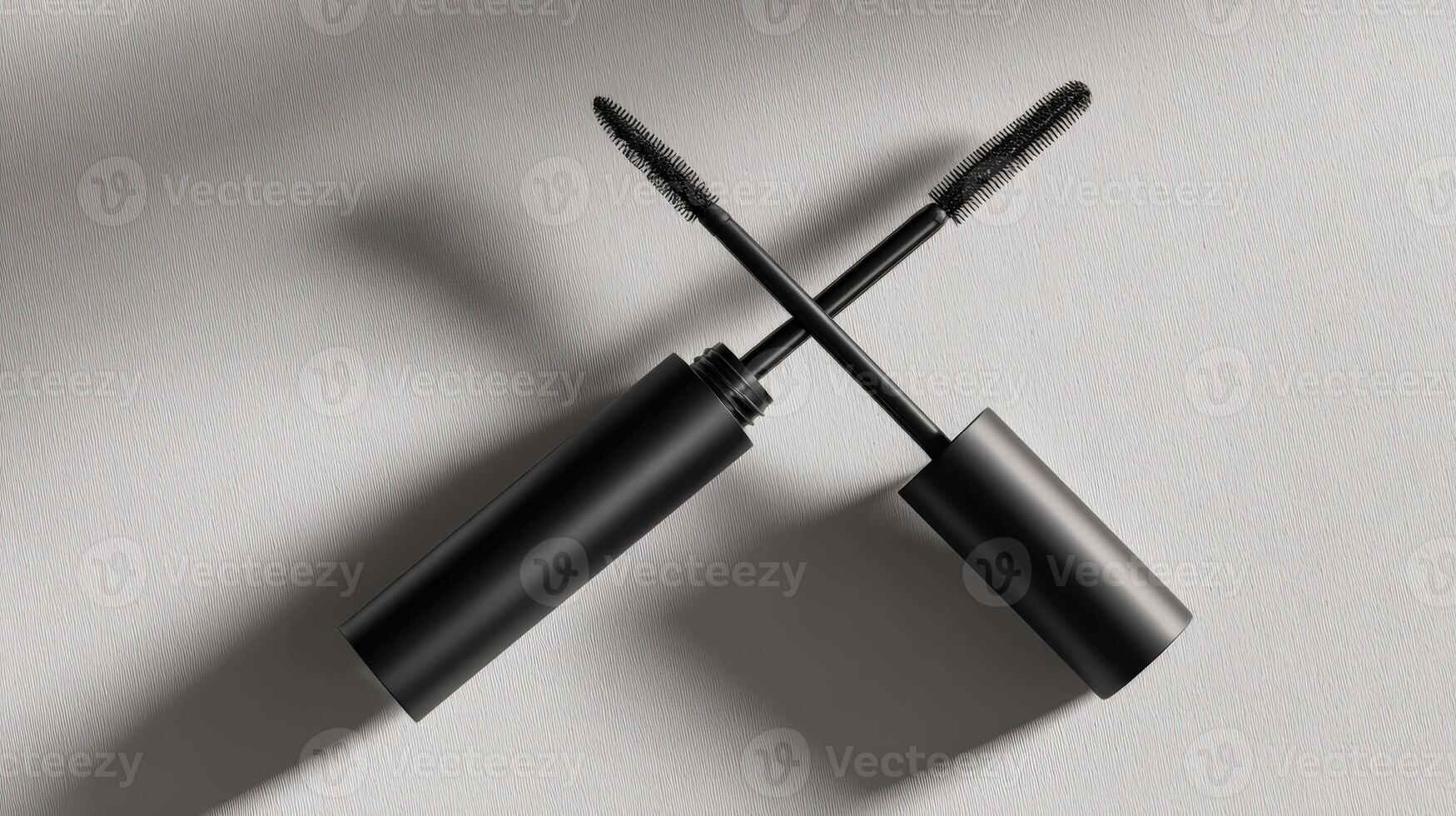 Elegant black mascara tubes arranged diagonally on a soft surface for a chic cosmetic display photo