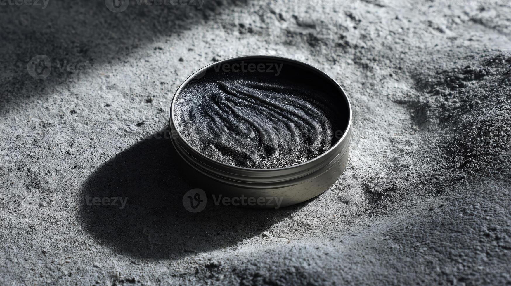 Pomade in a metal tin showing rich black texture on a textured surface in a dimly lit setting photo