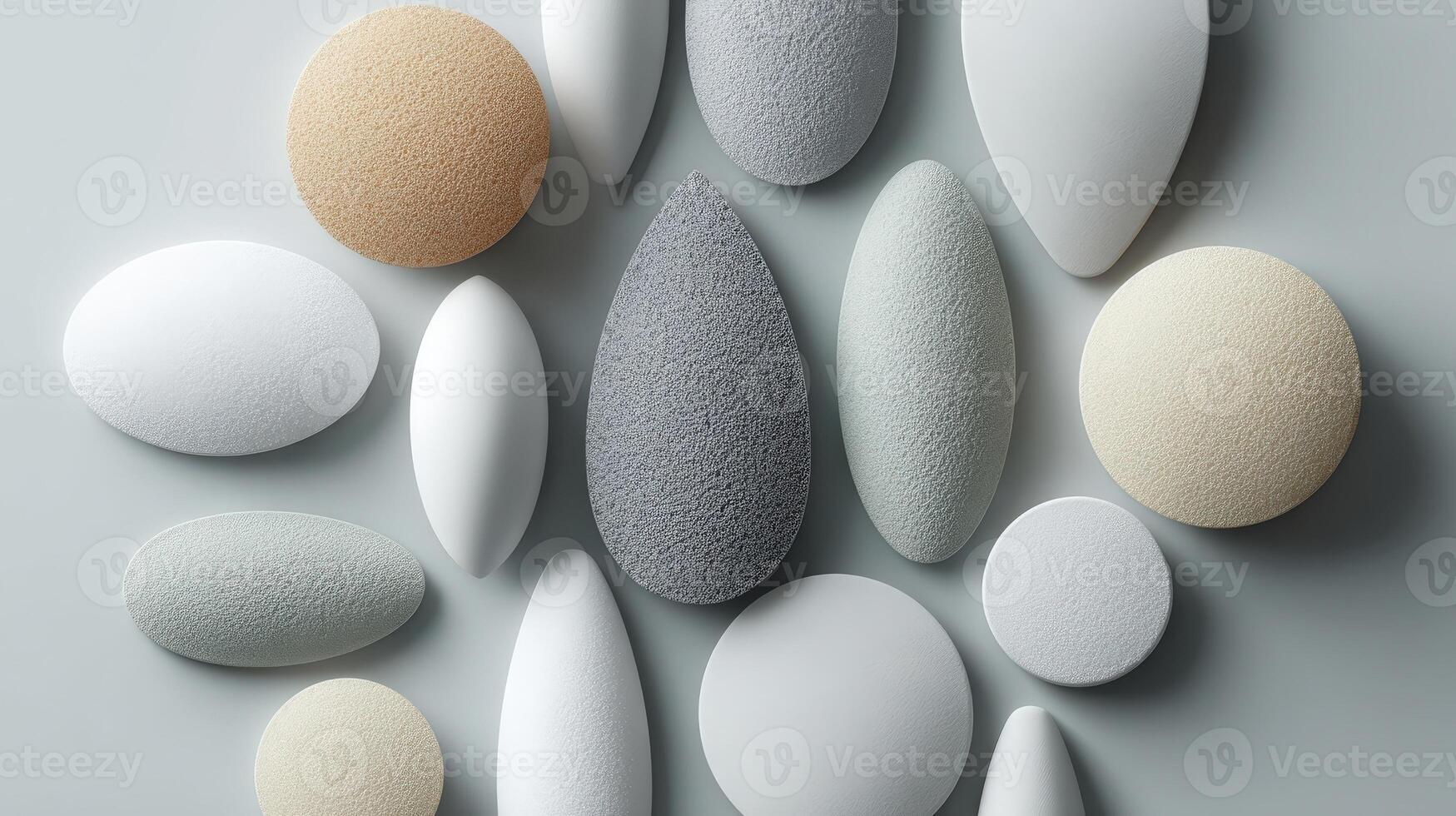 Variety of makeup applicators in unique shapes set on a smooth surface for beauty enthusiasts and professionals photo