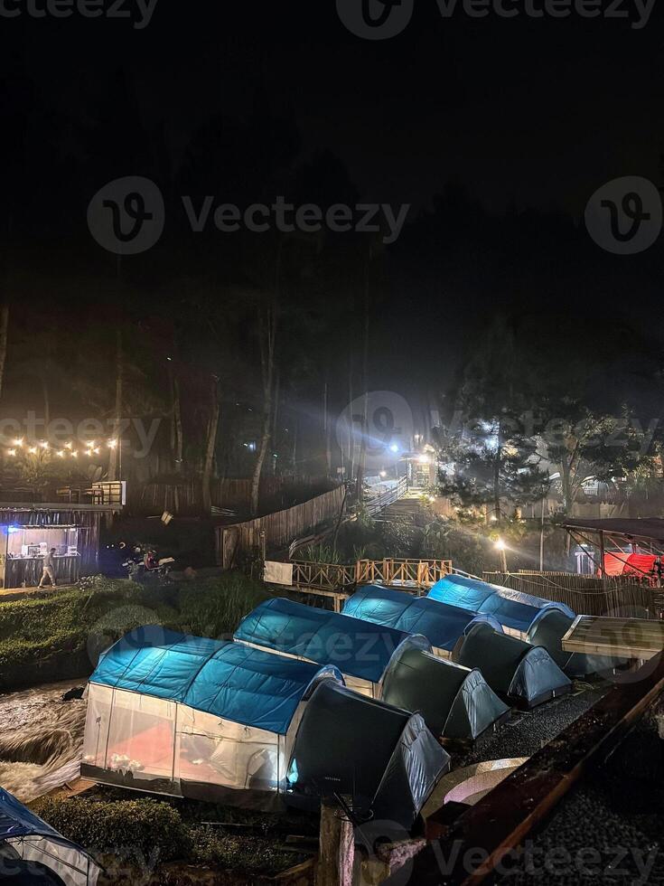 a camp in the middle of a pine forest near a river at night photo