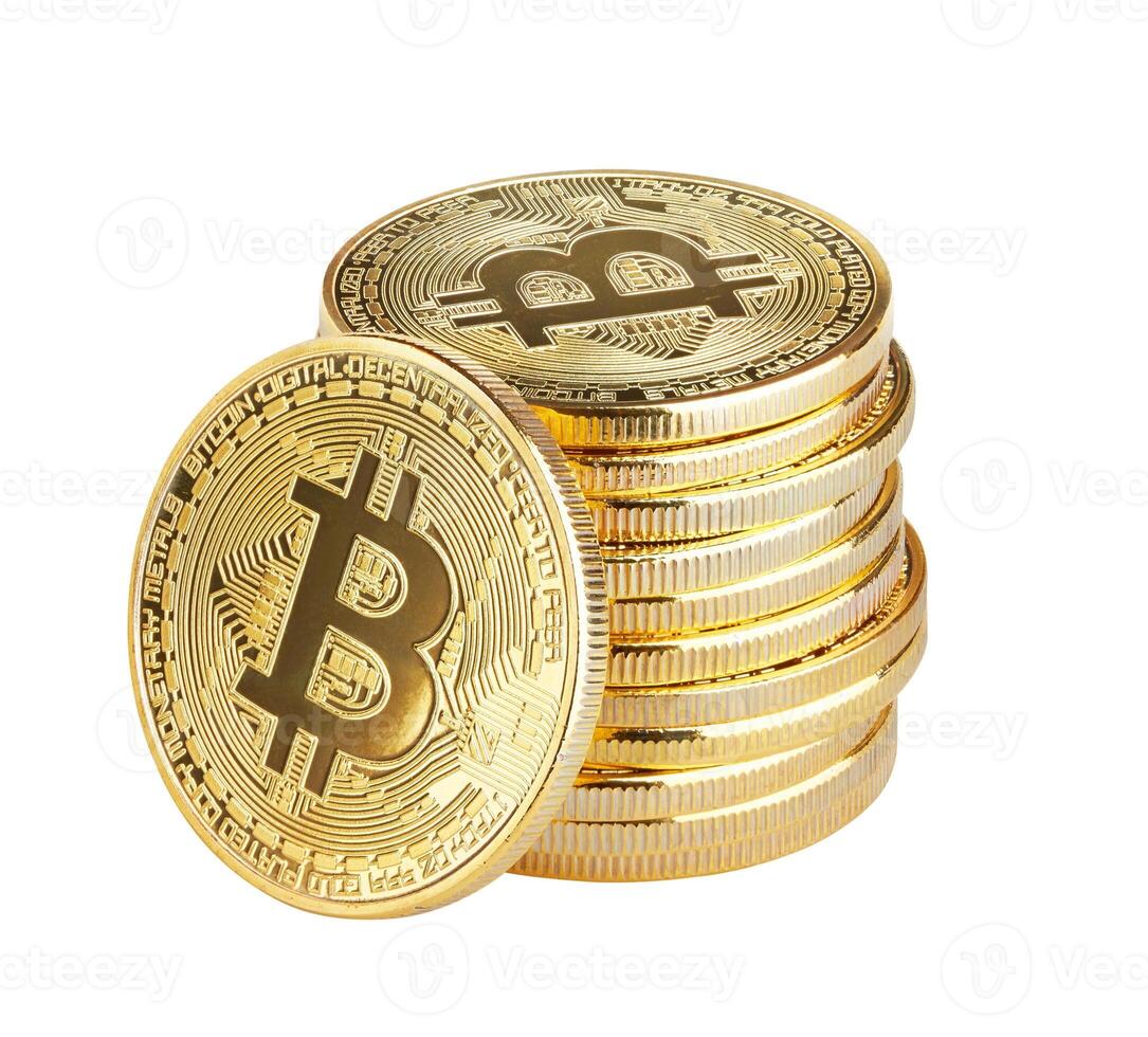 Golden Bitcoin on white background photo