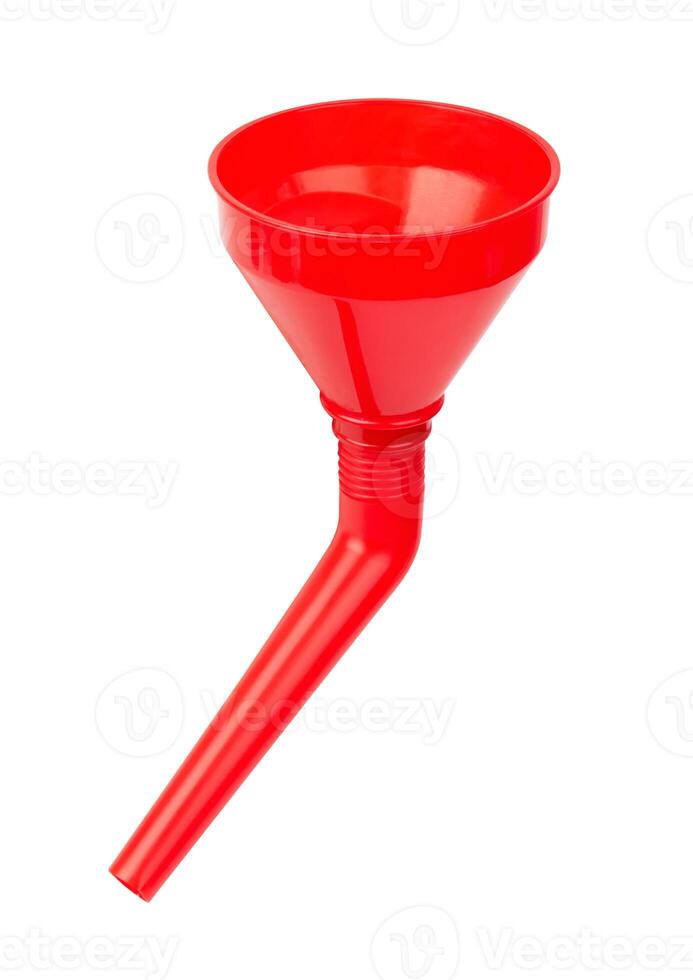 Plastic funnel liquid on white background photo