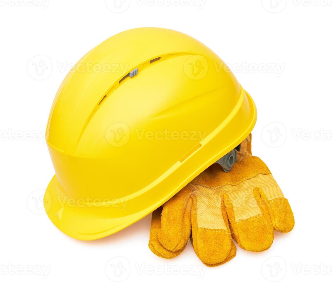 Yellow safety helmet and Protective gloves on white photo