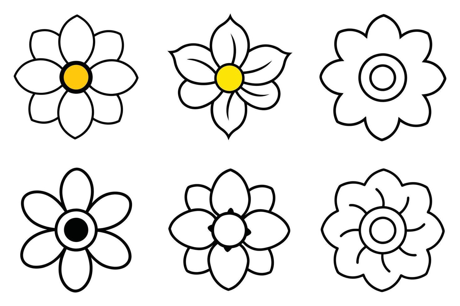Six Simple Line Art Flower Designs Cheerful, Black and White Floral Illustrations Perfect for Coloring Pages, Craft Projects, and Digital Designs vector