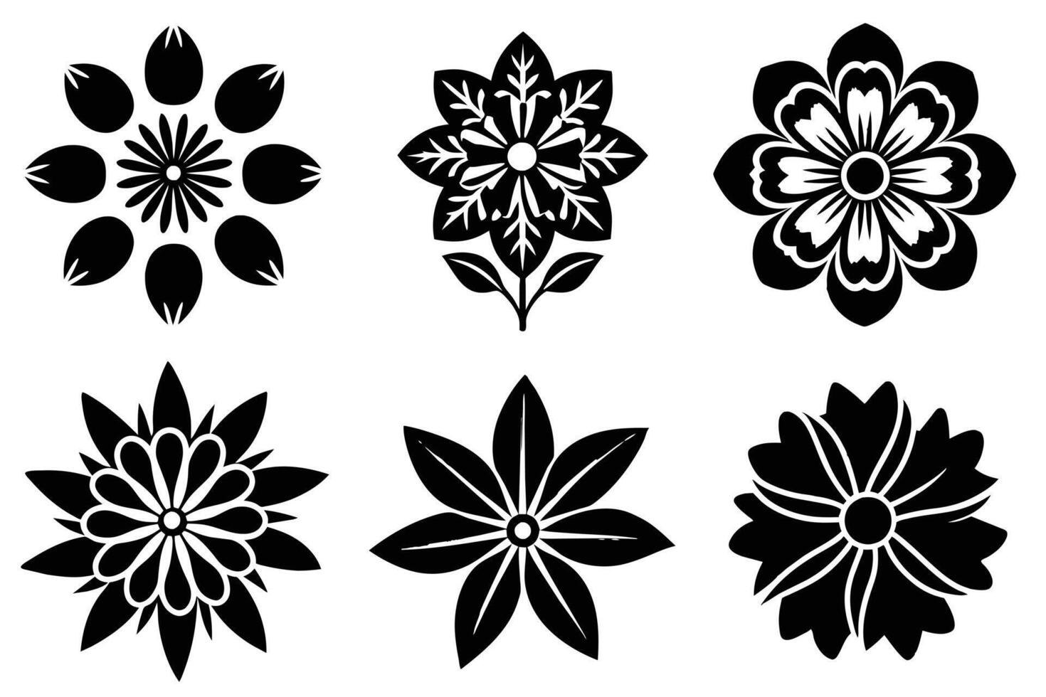 Six Elegant Black and White Floral Designs Intricate Flower Silhouettes for Decoration, Crafts, and Digital Art Projects vector