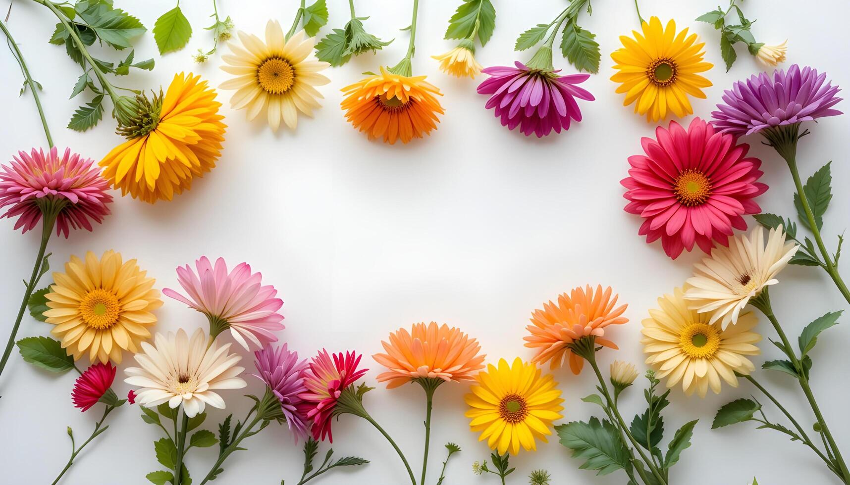 Minimalist Flat Lay of Fresh Colorful Flowers on White Background photo