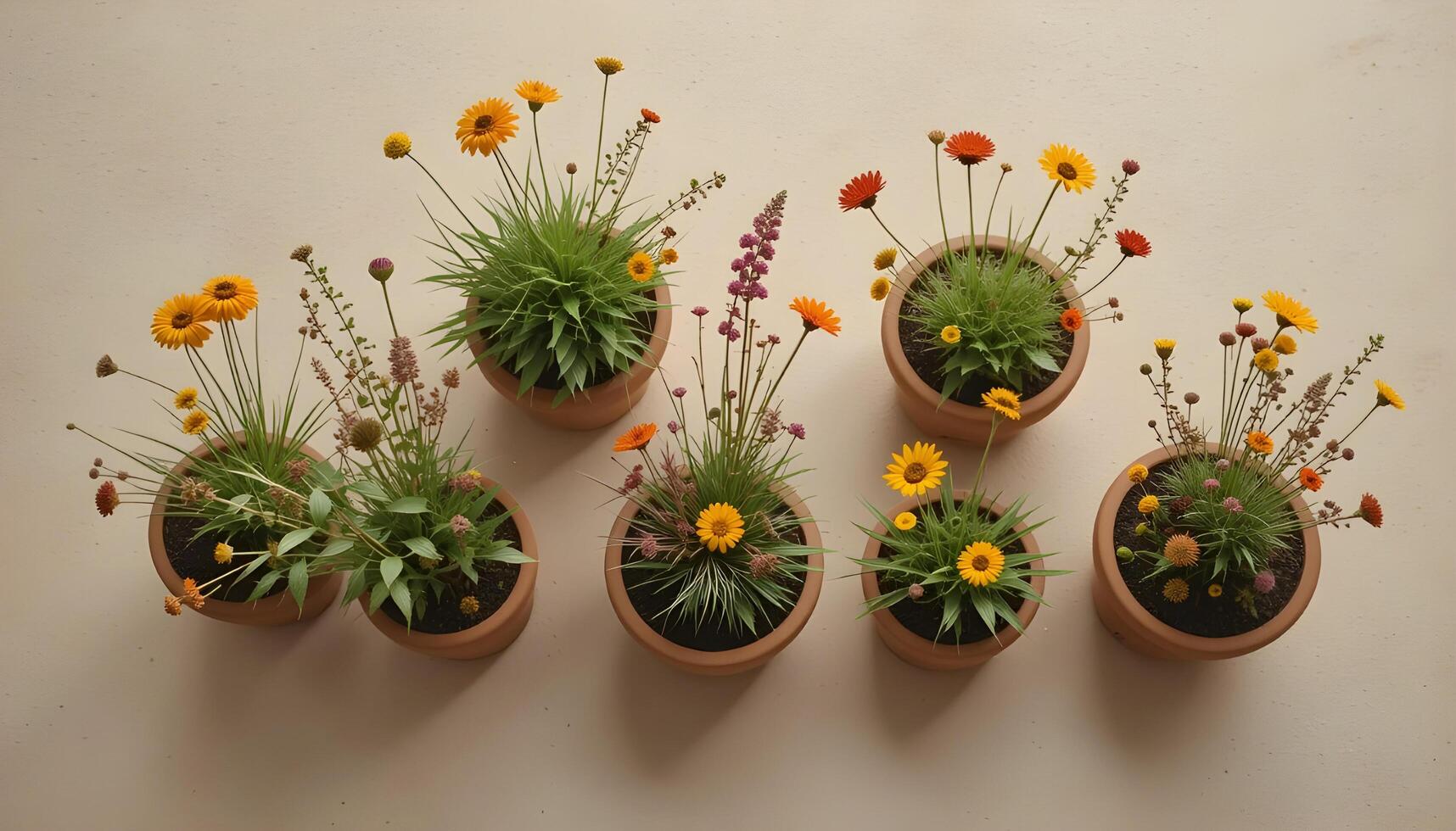 Wildflowers in Ceramic Pots on Beige Textured Surface Top View photo