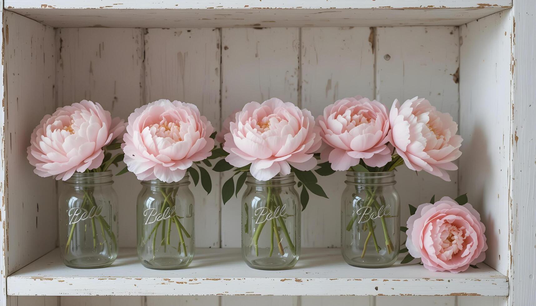 Rustic Display of Pink Peonies in Mason Jars on Shelf photo