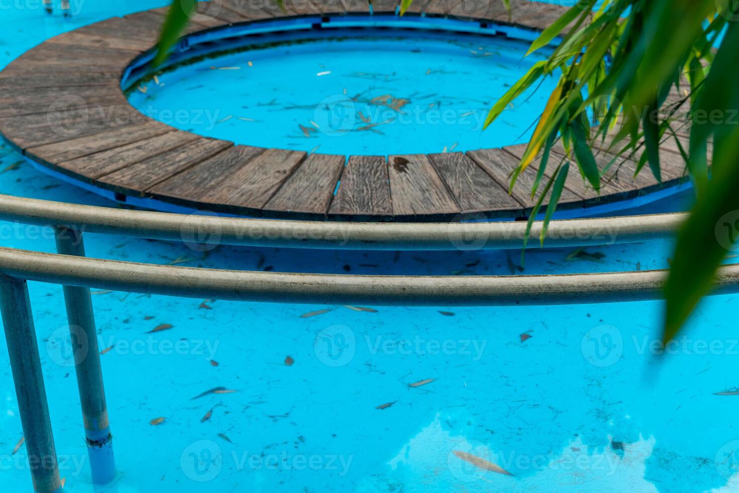 Wooden deck surrounds tranquil circular pool reflecting clear blue sky, inviting moments of relaxation amidst nature's embrace photo