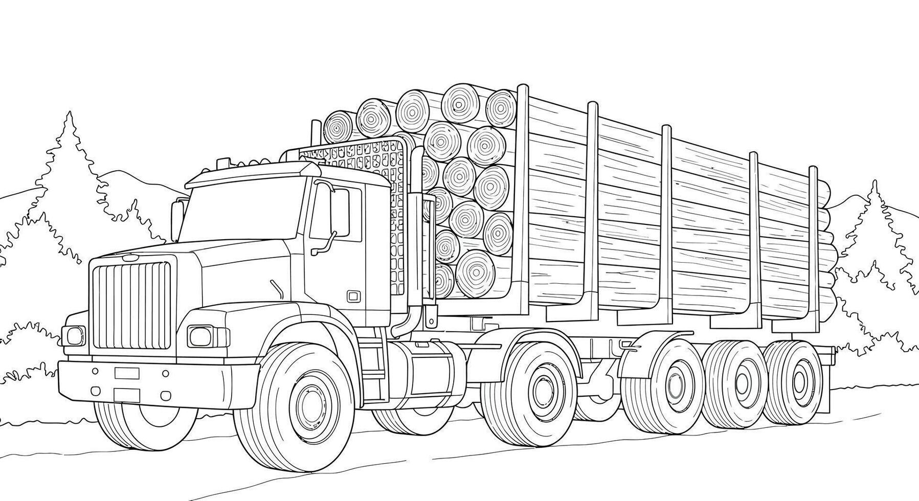 Industrial Logging Truck Transporting Logs Coloring Page for Children vector