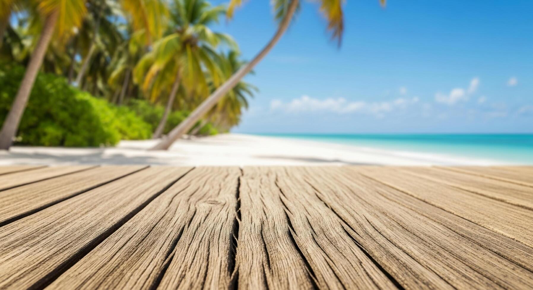 Wooden Deck Overlooking Tropical Beach with Palm Trees photo