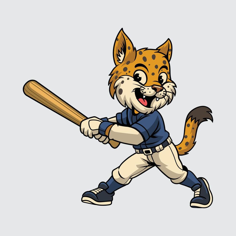 Cute cartoon Lynx in a baseball uniform holding a bat character illustration vector