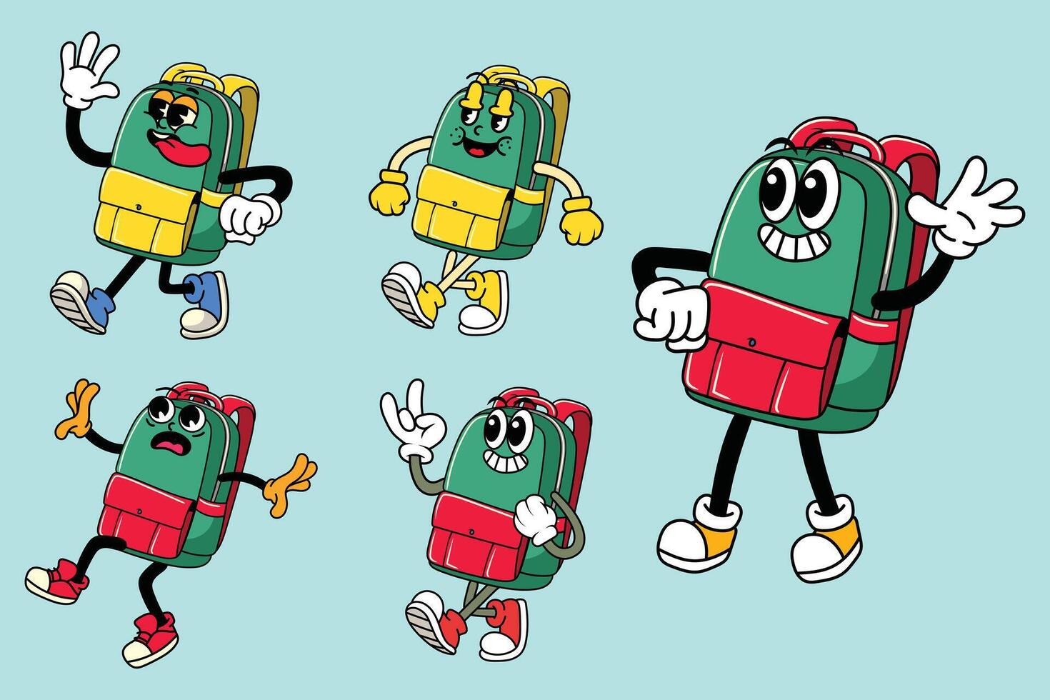 Set of School Bag in Various Poses Character Cartoon Illustration Retro style vector