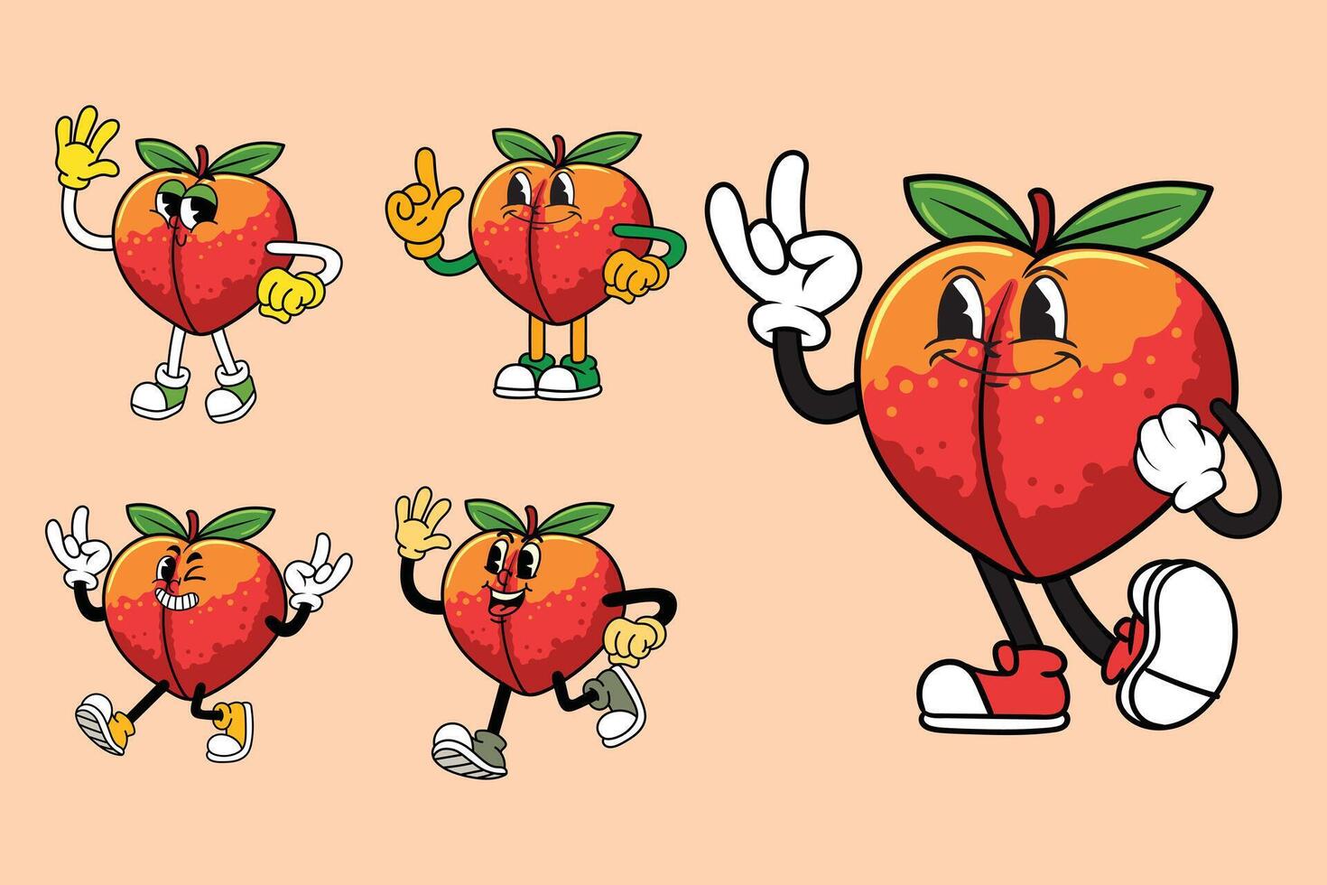Cartoon funny Peach Fruit characters with expressive faces and poses in retro vintage comic style vector