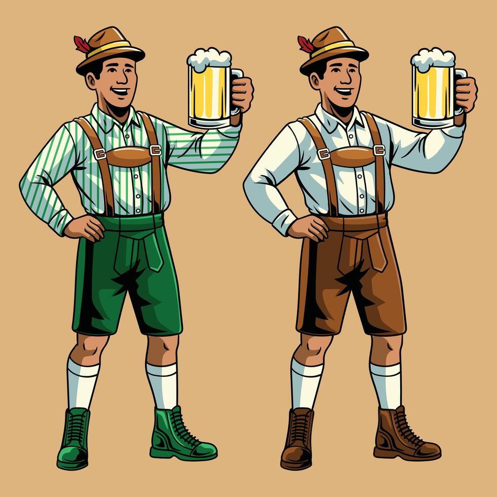 Traditional Bavarian men in lederhosen holding beer mugs celebrating Oktoberfest vector