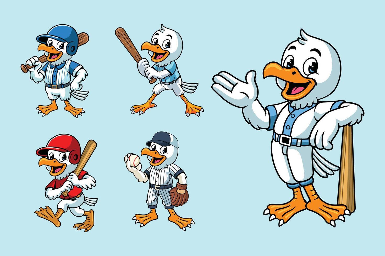 Set of Seagull Baseball Sport Mascot in Cartoon Cute Illustration vector