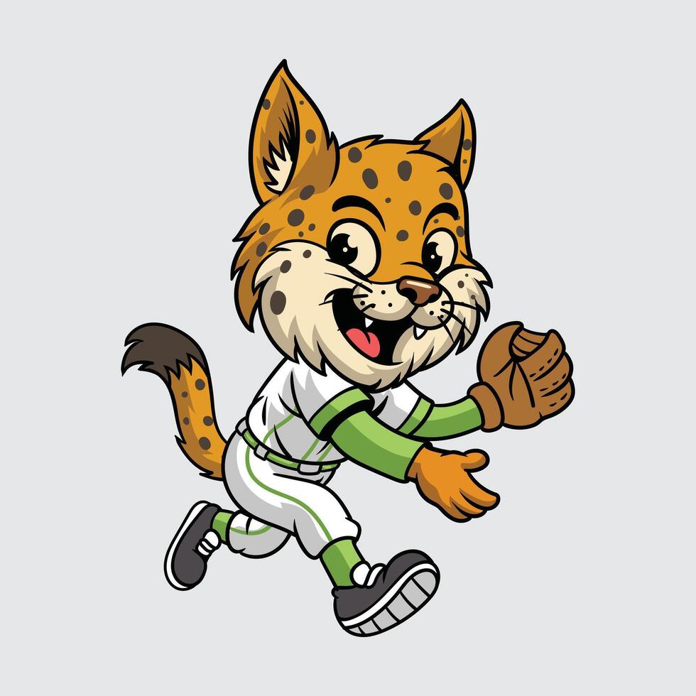 Cute Lynx in a baseball uniform running joyfully with a glove in cartoon illustration vector
