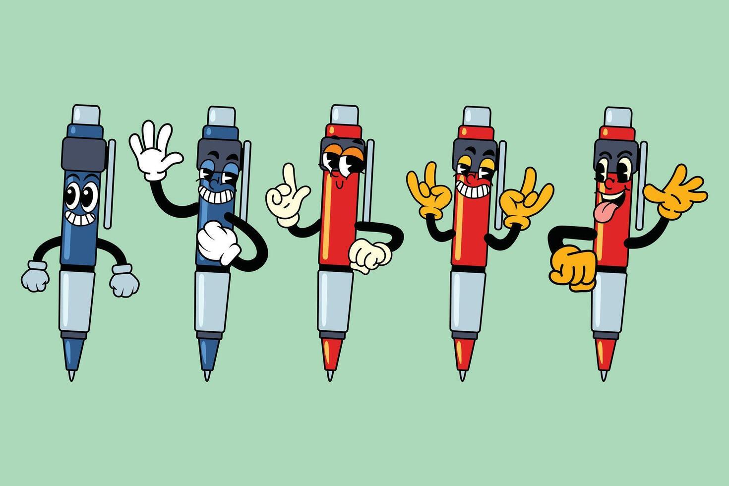 Set of Ballpoint Pen in Character Cartoon Illustration vector