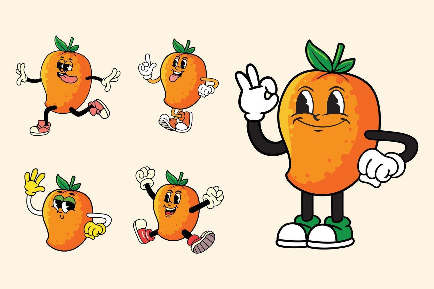 Cartoon funny Mango Fruit characters with expressive faces and poses in retro vintage comic style vector