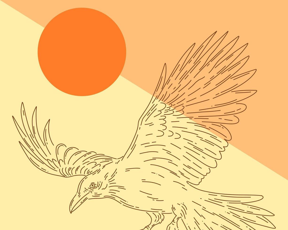 Raven ink outline art crow bird wings flying illustration template poster print art t shirt design element editable vector