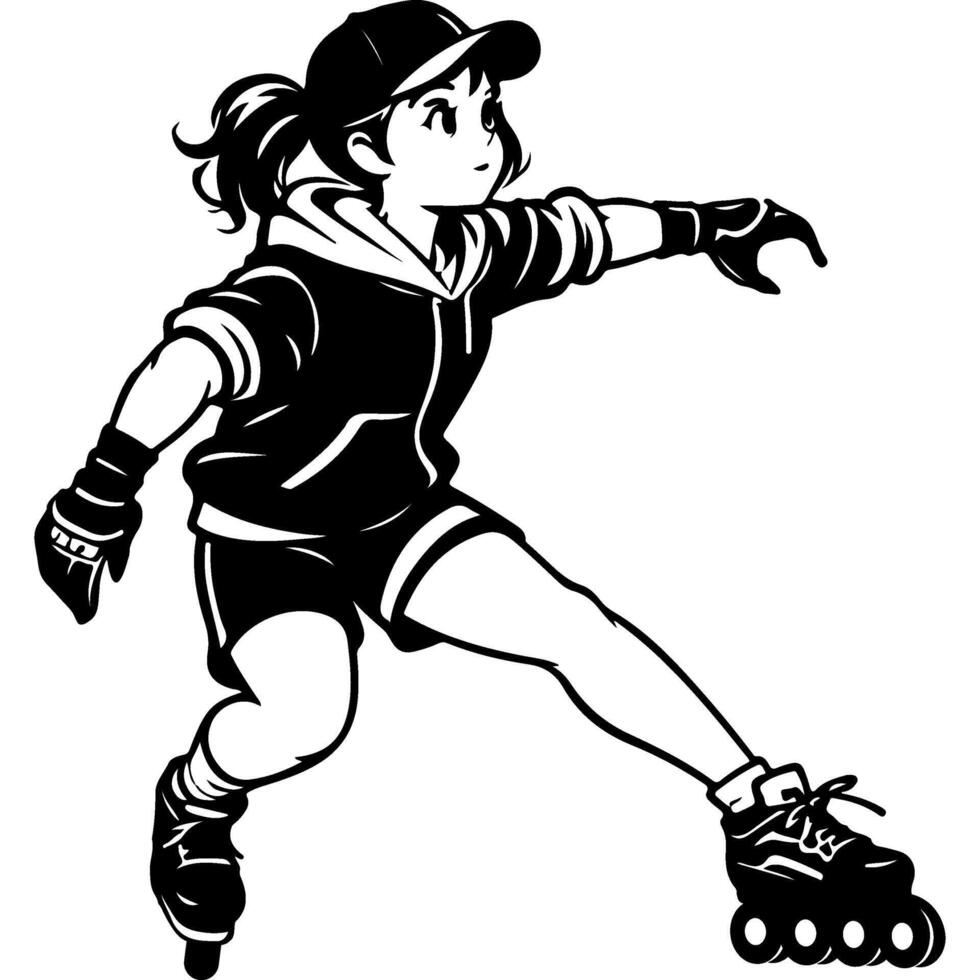 Girl balances standing on roller skates vector